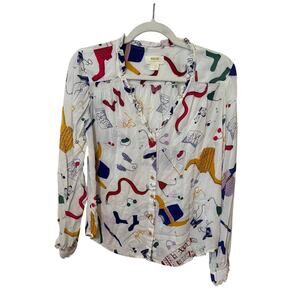 Maeve Anthropologie Novelty Print Button Down Blouse Women’s Size 6 Long Sleeve